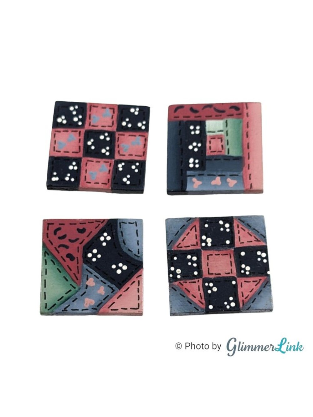 Vintage Wooden Patchwork Heart Button Covers Set of 4 Square